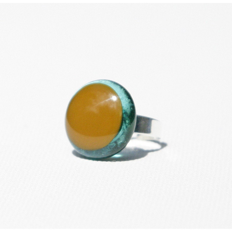 Fused Glass Ring in Aqua Blue and Caramel