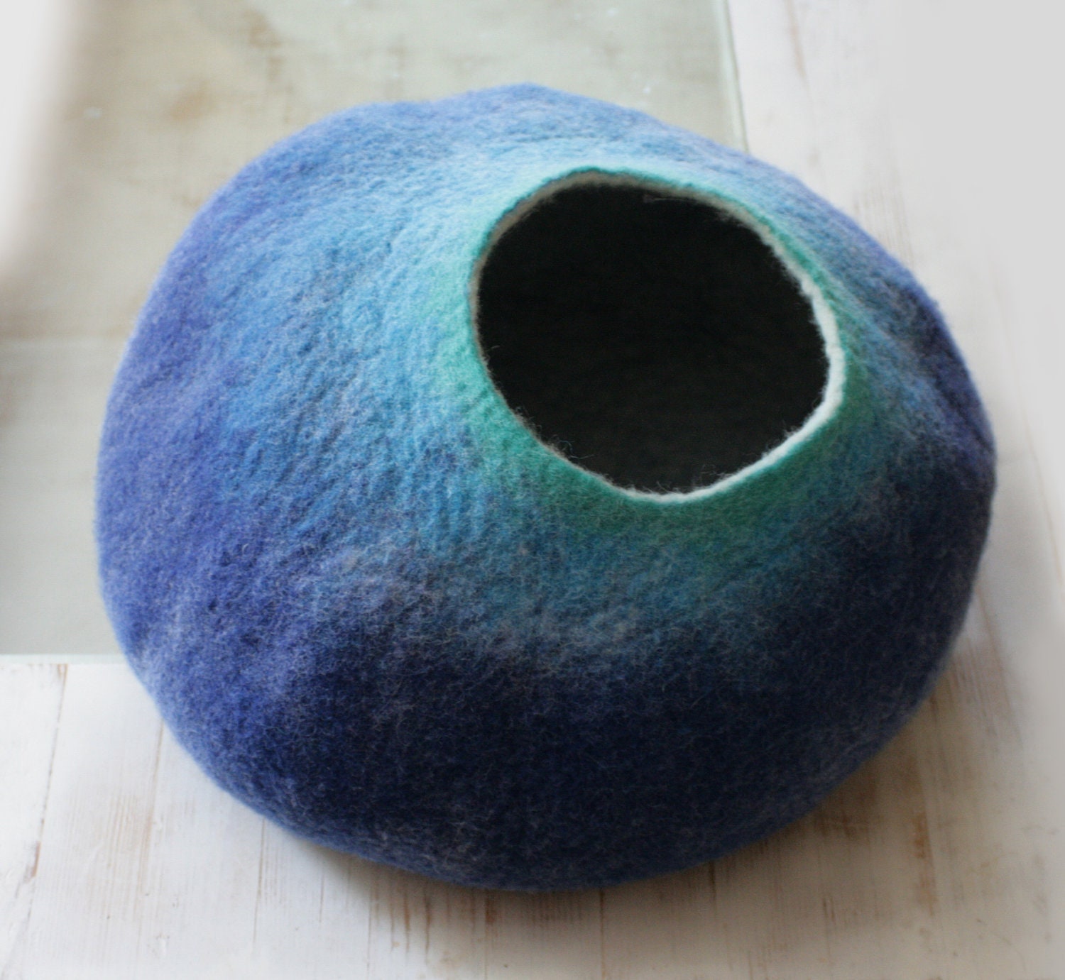 Cat Nap Cocoon / Cave / Bed / House / Vessel - Hand Felted Wool - Crisp Contemporary Design - READY TO SHIP  Teal to Blue Bubble