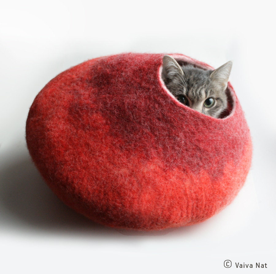 Warm Orange Red Bubble - Hand Felted Wool Cat Bed / Vessel - Crisp Contemporary Design - READY TO SHIP - vaivanat