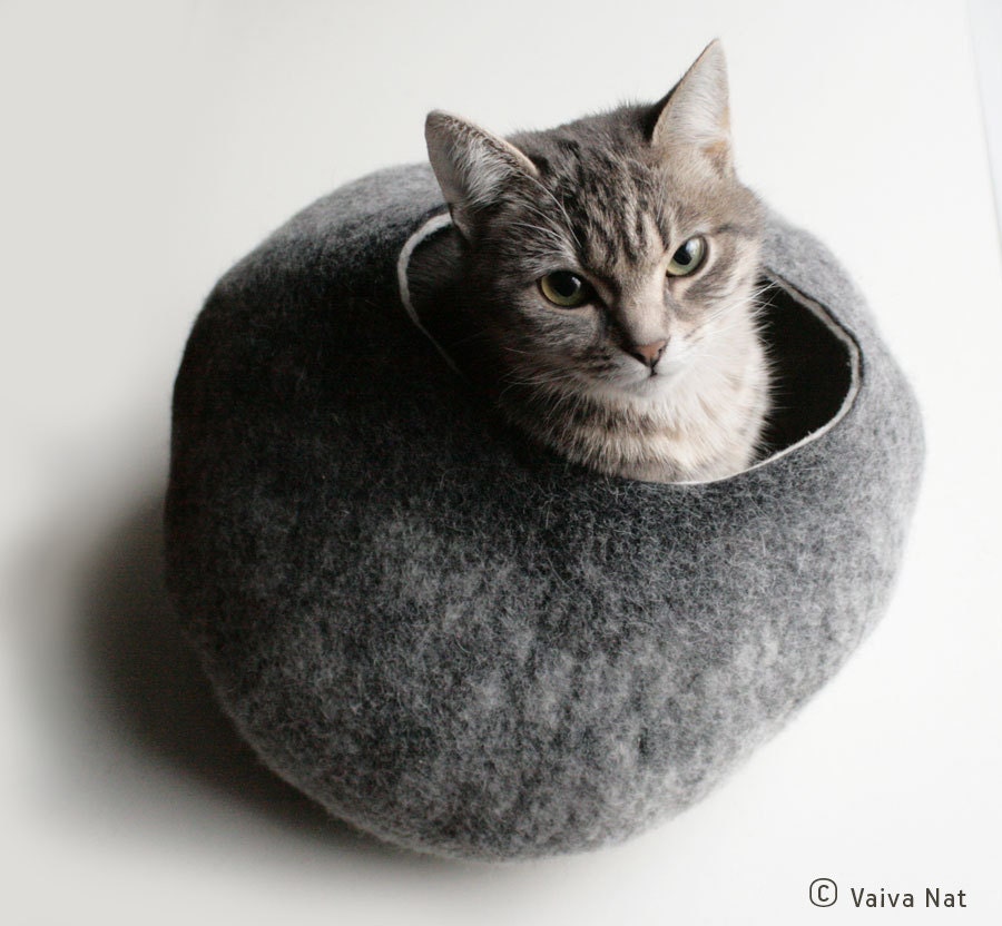 Cat Nap Cocoon / Cave / Bed / House / Vessel - Hand Felted Wool - Crisp Contemporary Design - READY TO SHIP Warm Gray Stone