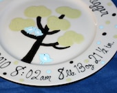 Personalized New baby name and birth statistics plate tree and birds handpainted 10.5 inch dinner plate