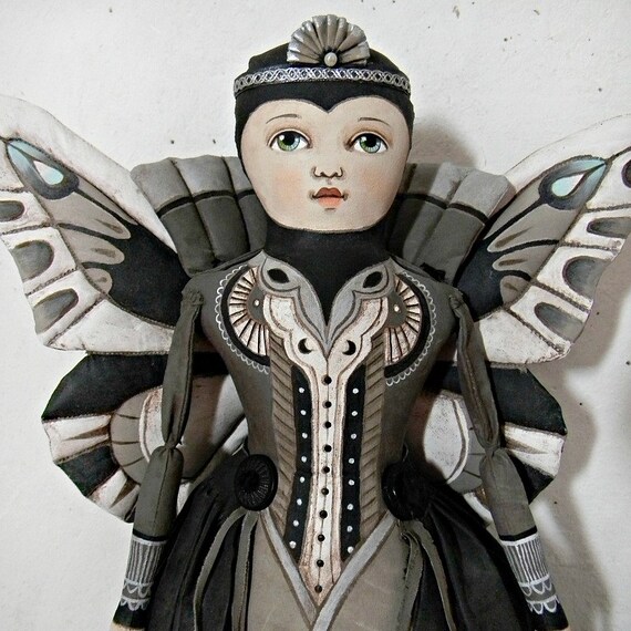 Fairy Queen Original Hand Painted Cloth Folk Art Butterfly Moth Doll OOAK One of a Kind