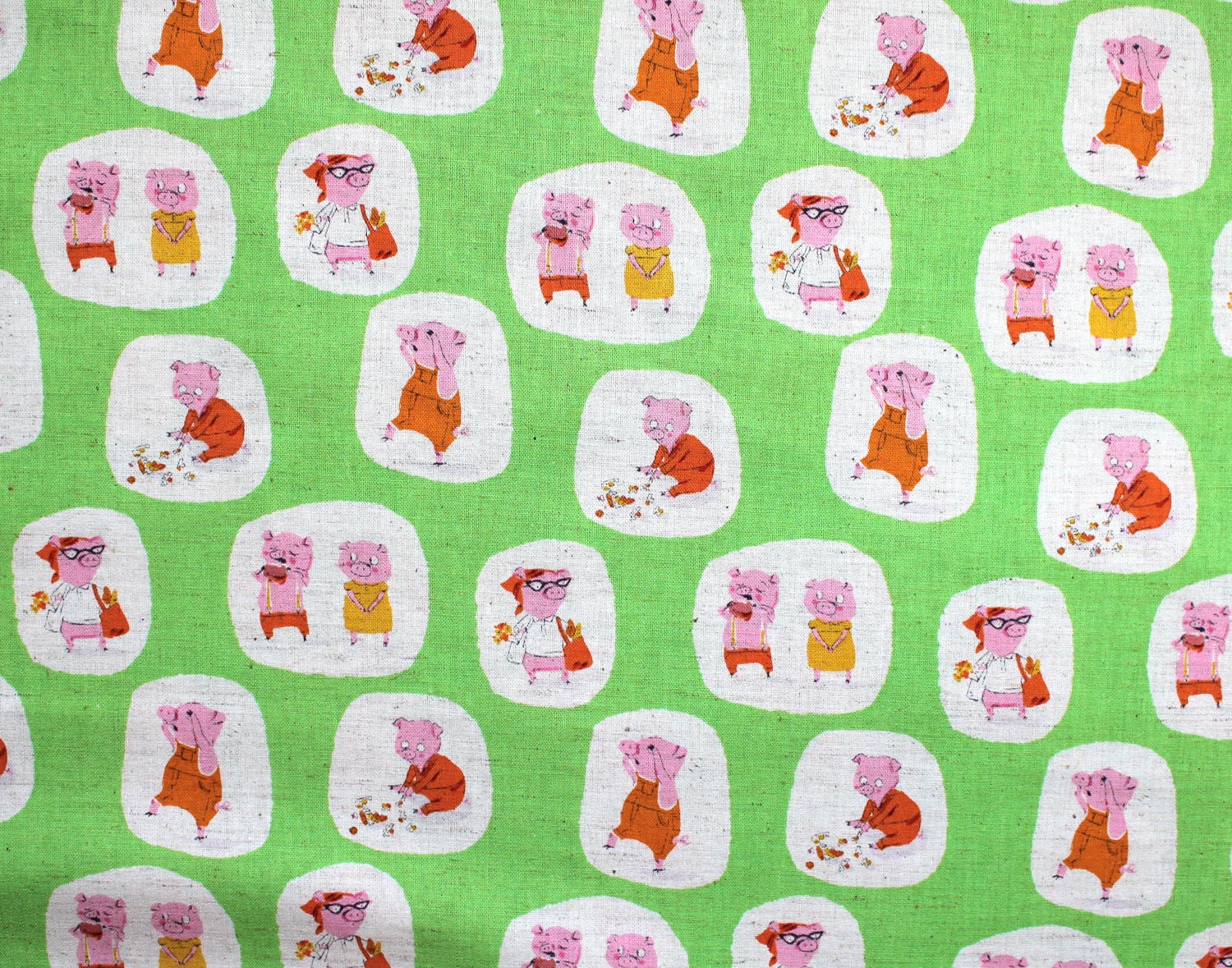 Japanese Fabric Heather Ross for Kokka Nursery Versery - Piggies - green