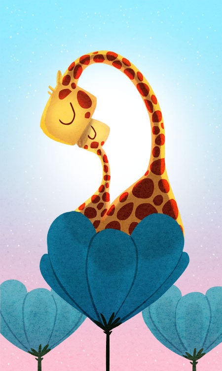 Giraffes, Art Print, Kids Art, Cute Giraffes, Nursery wall art, Print for Nursery, Kids Wall Art - "Snuggle" - Art Print 13x19