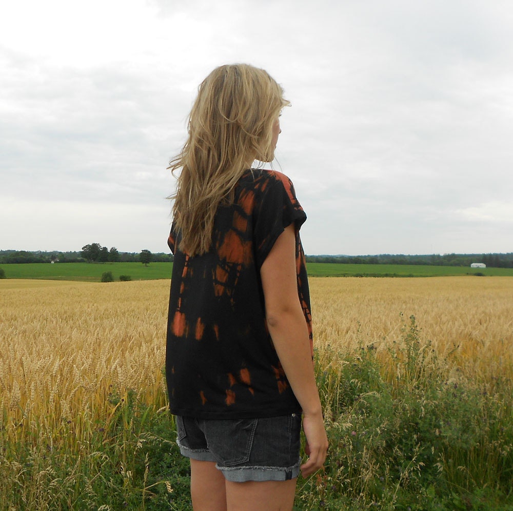 Slouch t-shirt, Box tee - Black modal bleached out, hand dyed