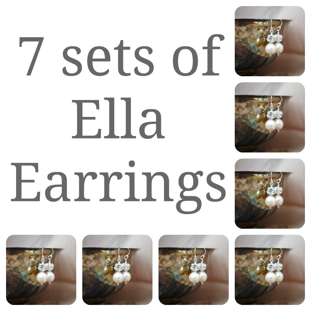 7 sets of Bridesmaids Earrings, Seven Swarovski Pearl Rhinestone Ball Drop Earrings, Bridal Party Gifts, Wedding Earrings, Bridal Earrings