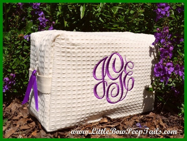 Fall Autumn Monogrammed Cosmetic Bag - Personalized Waffle Weave bridesmaids womens makeup make up case burnt orange plums ivory cream