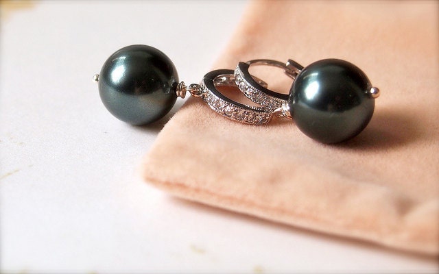 Tahitian -- Peacock Blue - Silver Wedding Jewelry, Classic, Diamante Studded, Swarovski Crystal Pearls, Modern Classics, Pearl Earrings