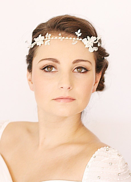 Grecian Headpiece, Bridal Halo, Rhinestones Headband, Freshwater Pearls Headband, Tiara, Bridal Headpiece -CLAIRE