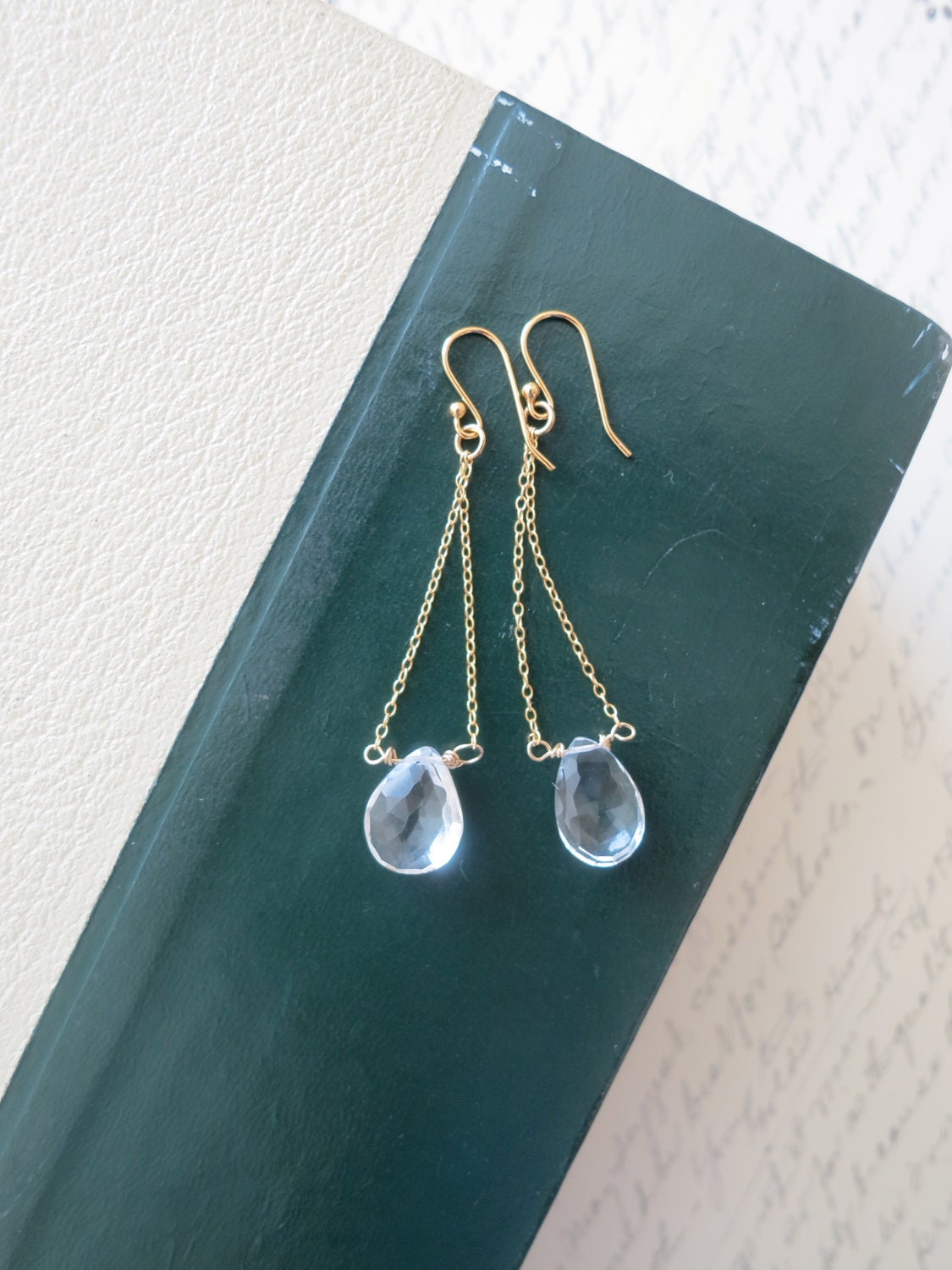 Bridal Crystal Earrings Clear Rock Crystal Quartz Briolette Gold Wedding Dangle