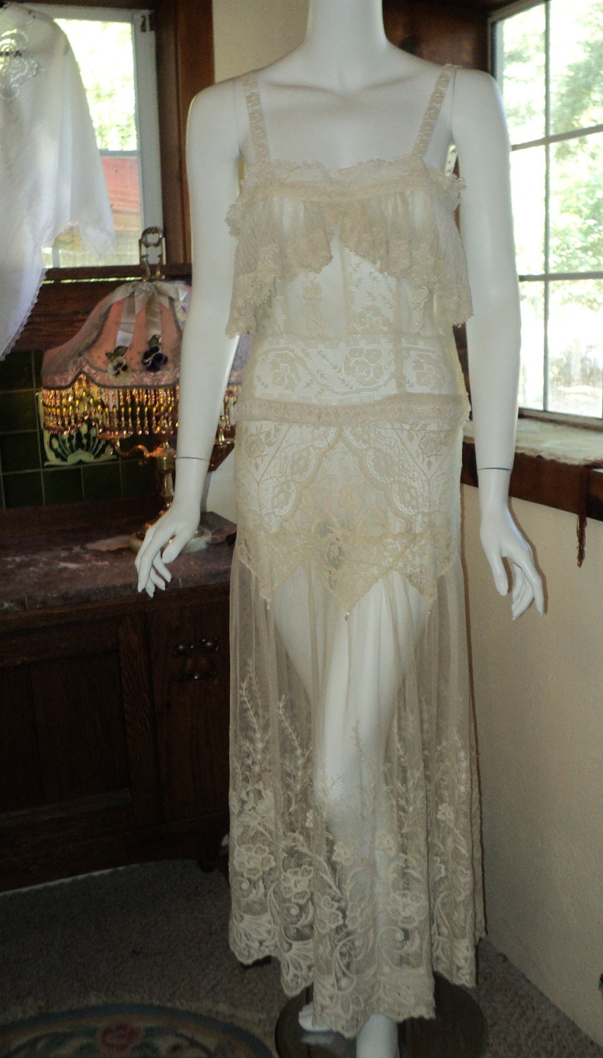 Flapper style antique lace dropped waist slip dress for a wedding or garden Gatsby party