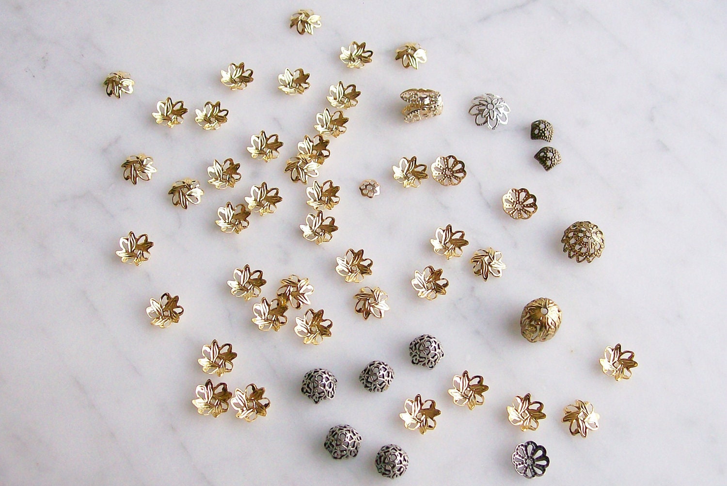 Mixed Metals Bead Caps Jewelry Supplies Parts Filigree Caps 54 Pcs