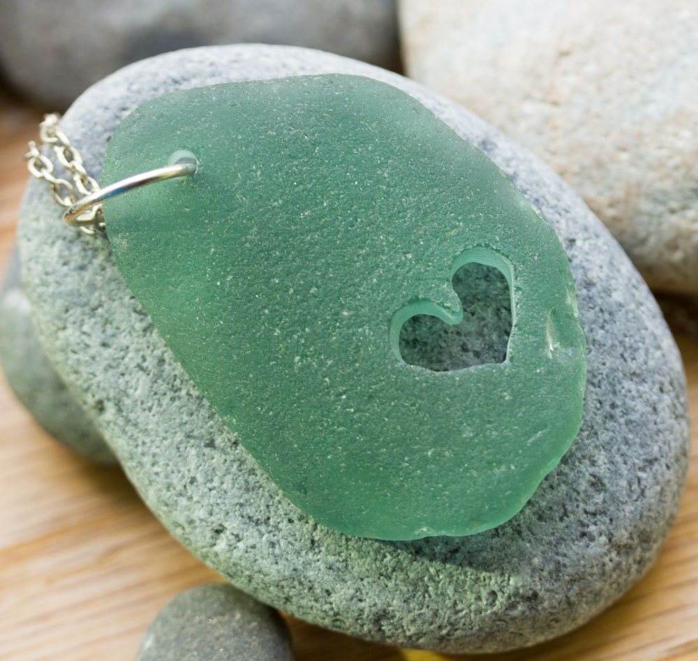 Sea Glass Beach Glass Necklace with carved heart, Teal green, gift for her - BorealisSeaGlass
