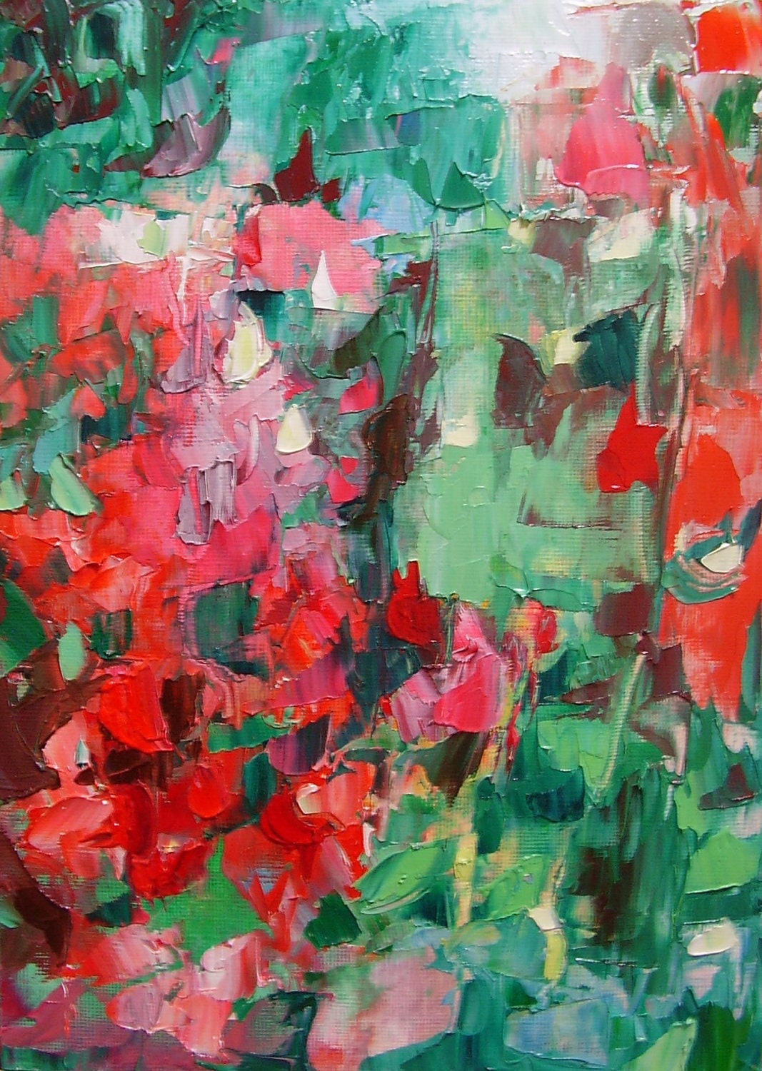 Painting, original floral abstract, small,"Geranium Riot" 10x 7 inches