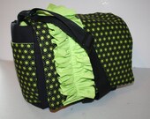 MESSENGER BAG Laptop Bag Diaper Bag Book  Purse   Black Dots Lime Ruffle XcessRize Designs