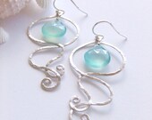 Waikiki Jellyfish Sterling Silver Jewelry Earrings, Statement Earrings, Sea Aquamarine, Chalcedony briolettes, Gift for Her, Under 30