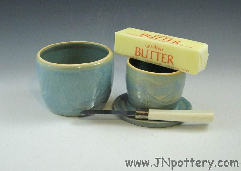 Stoneware / Ceramic Butter Crock / French Style Butter Keeper, Opal Blue s189