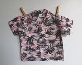 Vintage 1950s seersucker hawaiian shirt, pink and black palm trees