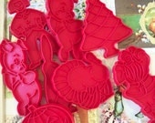 Vintage / Retro Plastic Cookie Cutters / Set of Eight / Red / Seasonal Themes