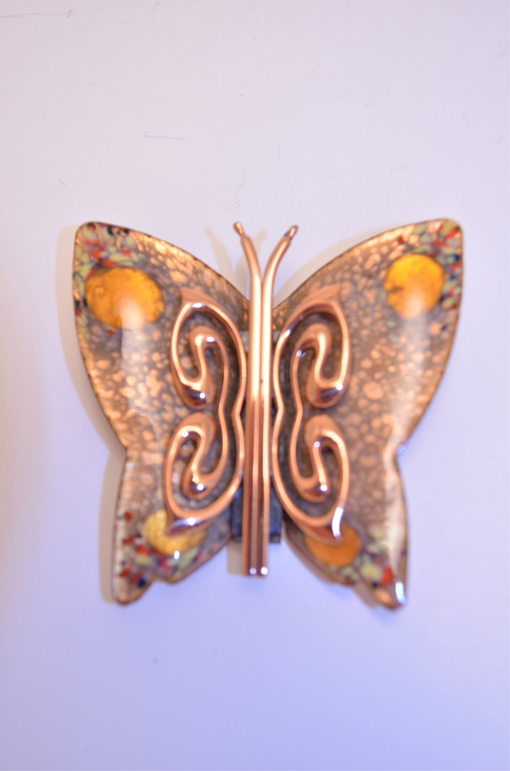 1950s Matisse copper butterfly set Vintage 50s enamel brooch and earrings signed Parure