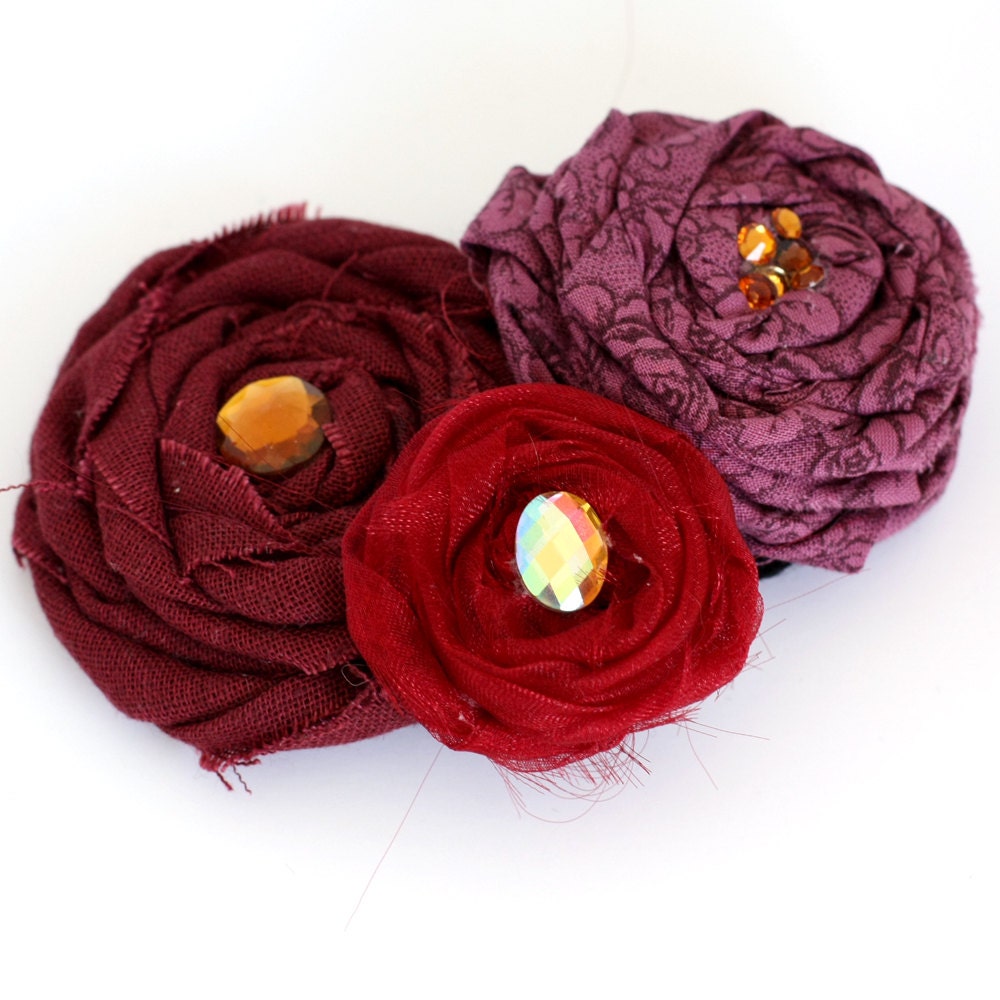Oxblood burgundy fabric rosette hair clip teens ladies