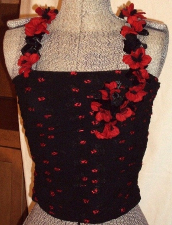 Cache Womans Vintage 1980s Gathered Ruched Spaghetti Straps Red Black Roses Size Medium Top