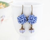 Free Shipping - Periwinkle Blue Flower Earrings With Mauve Crystal - Feminine and Pretty, Mother's Day Earrings