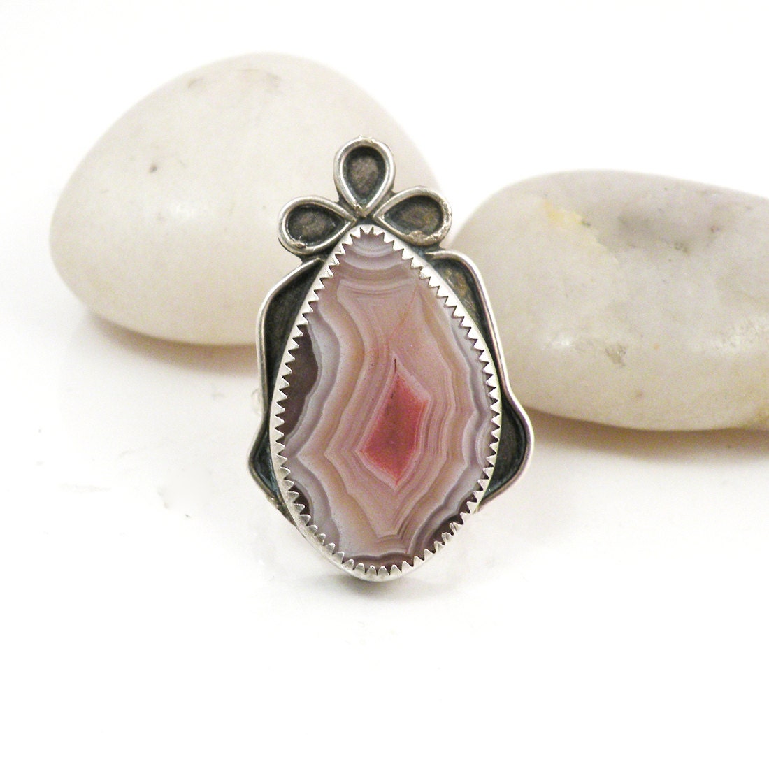 SALE Sterling Silver Ring Laguna Agate Pink Stone Ring Oxidized One of a Kind Jewelry - Gifted RIng Size 7