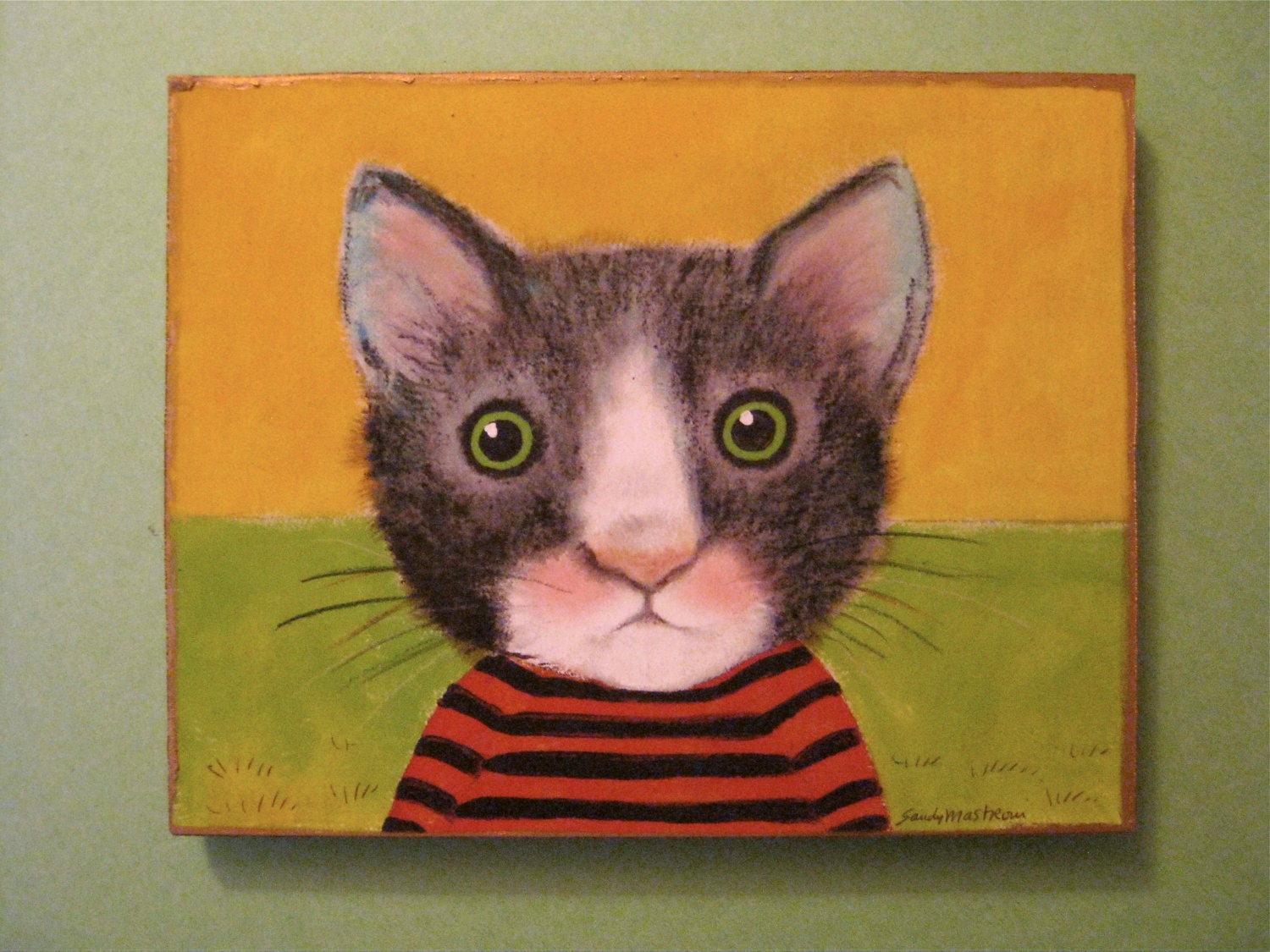 cat art- illustration- cut out wood- wall art- black white cat- tuxedo- green grass- yellow sky- curious cat- meow