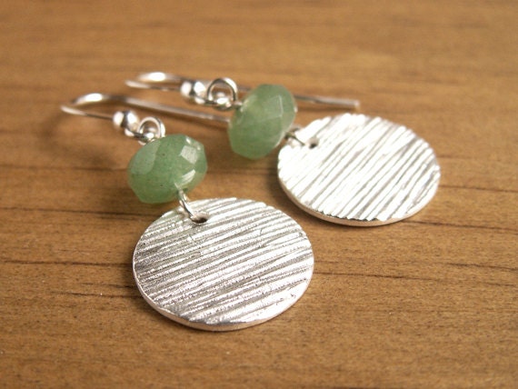Silver Woodgrain Earrings Green Aventurine small textured disc OOAK handmade from recycled .999 Fine Silver rustic natural modern simple