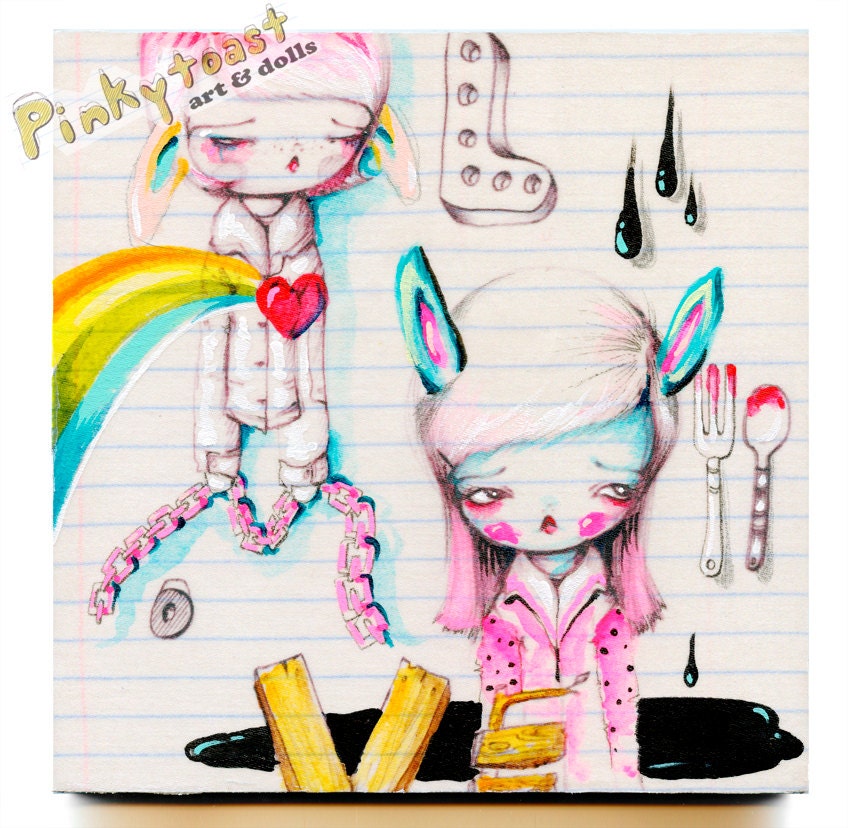 School GIrl Bunny Thoughts-Fine Art Wall Hanging-Original Collage-Pinkytoast 6x6 inches