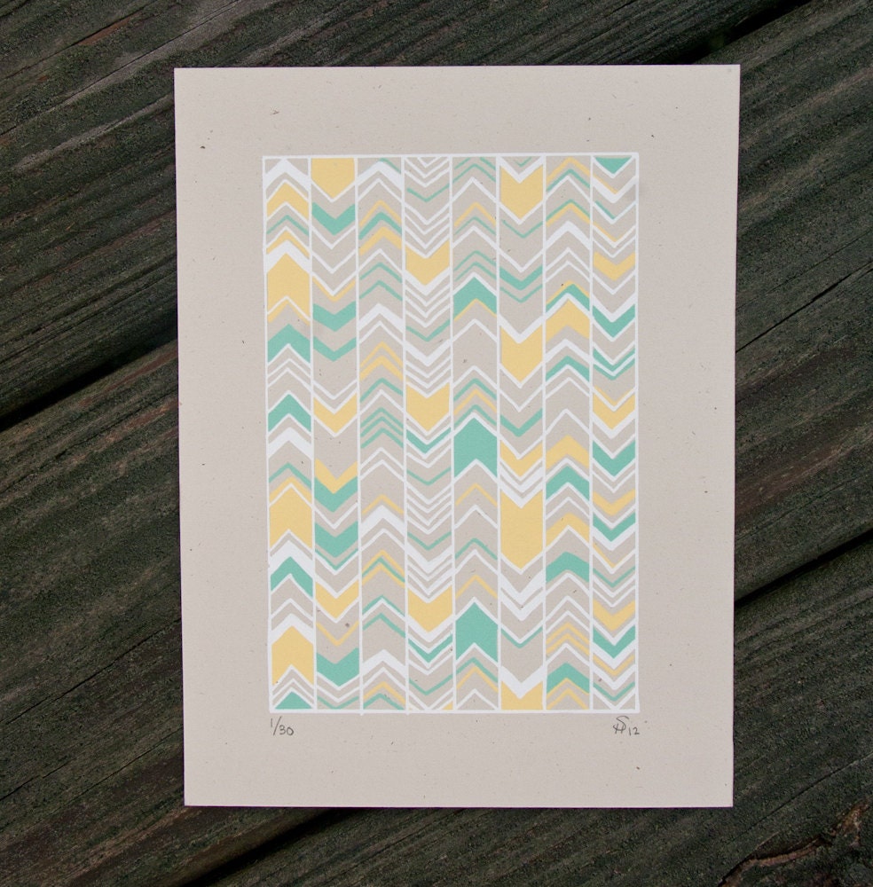 teal and yellow chevron silkscreen print. - exit343design