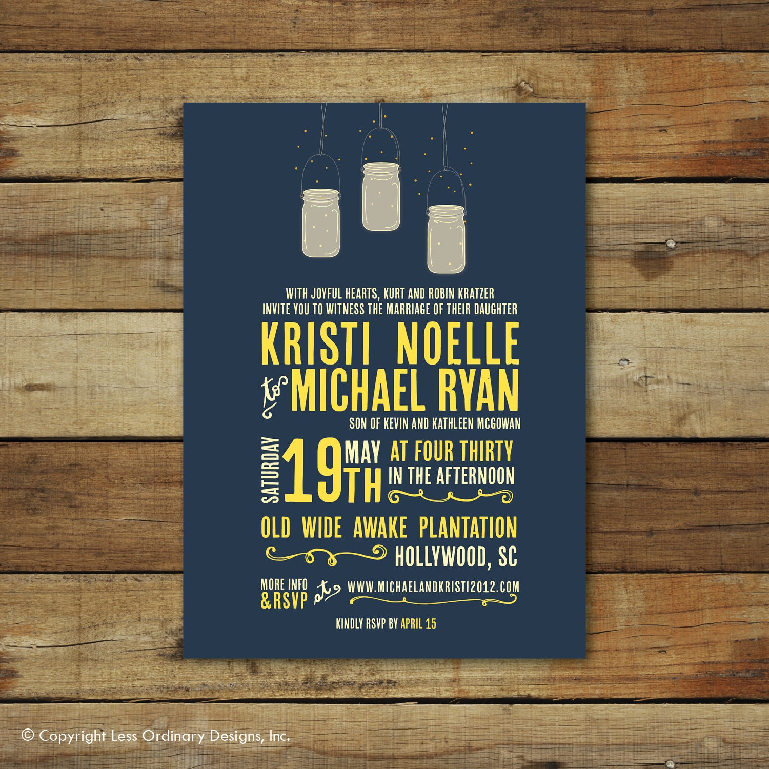 wedding invitation - fireflies in mason jar - rustic