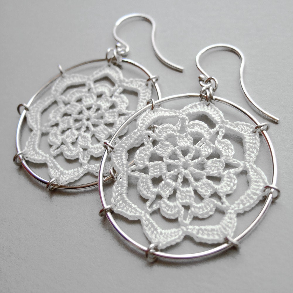 Serendipity Doily Earrings, white silk thread