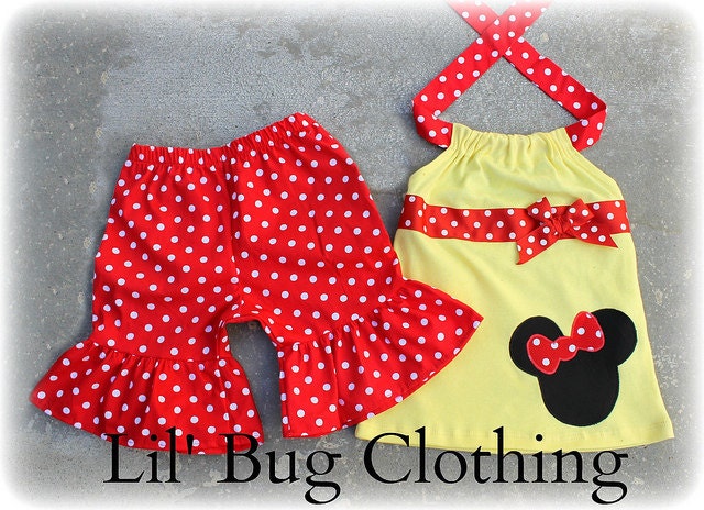 Custom Boutqiue Minnie Mouse Yellow Red Ribbon Short and Halter  Set