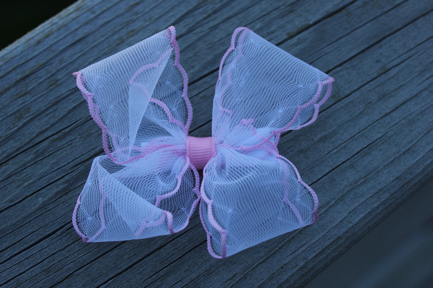 Large White Sheer with Pink Trim Hair Bow