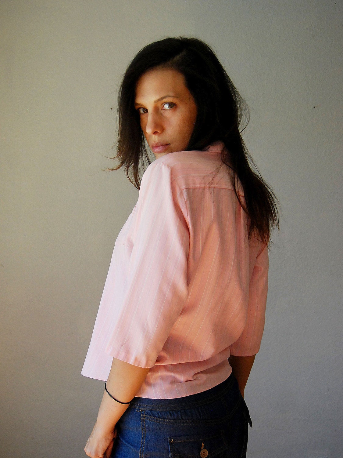 vintage OXFORD button up / preppy 1980s pin striped PINK blouse