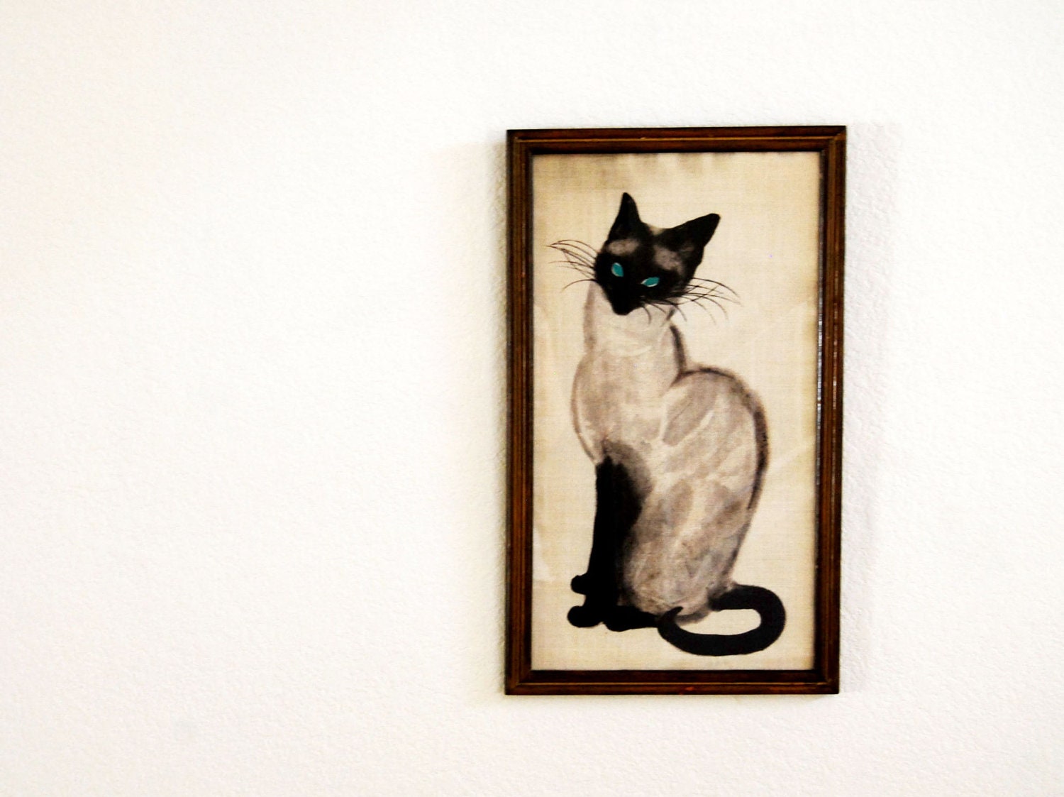 vintage CAT painting / 1970s canvas art FRAMED wall hanging