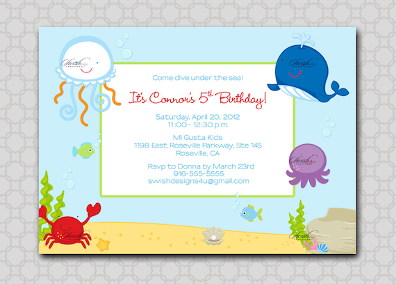 Sea Birthday Invitation --- Under the Sea, crab, whale, jelly fish, ocean digital printable party Il_570xn