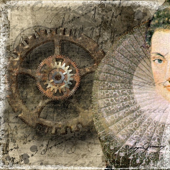 Elizabethan Steampunk Queen Digitial Collage Greeting Card (Suitable for Framing)