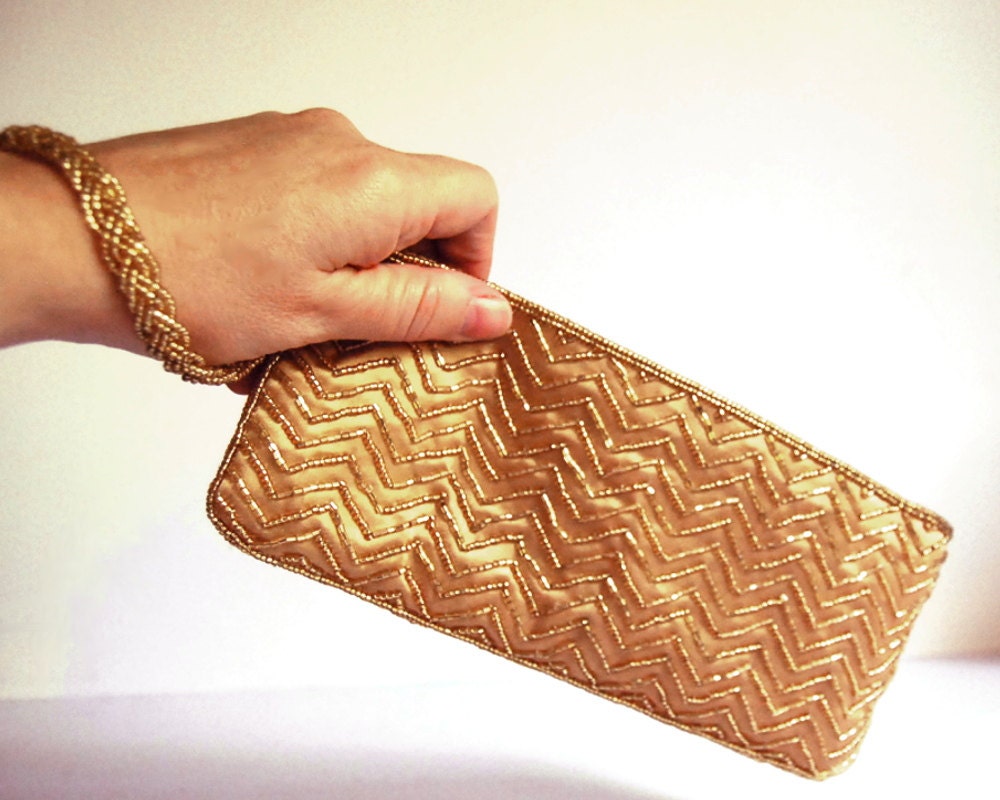 Vintage Gold Clutch Purse Beaded Wristlet La Regale Evening Bag Metallic