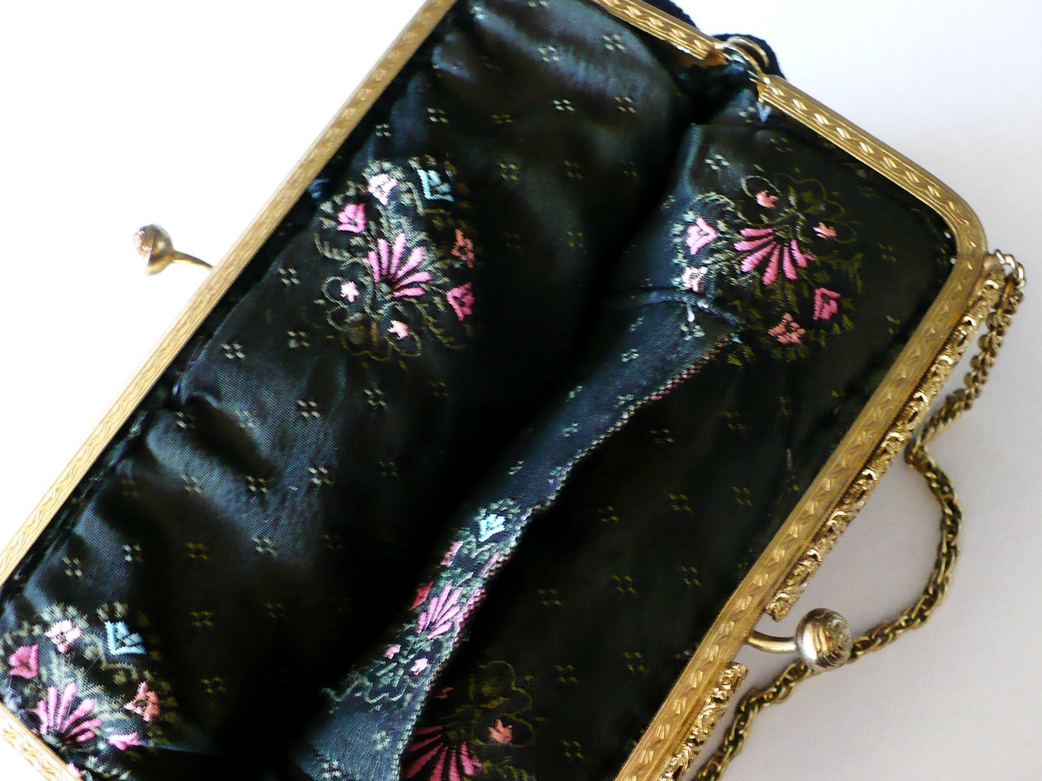 Petit Point Bag Purse -Black Red Roses Blue Gold Yellow Tapestry Needle Point Needlepoint Petite Floral Baroque Shabby Chic Metal Chain