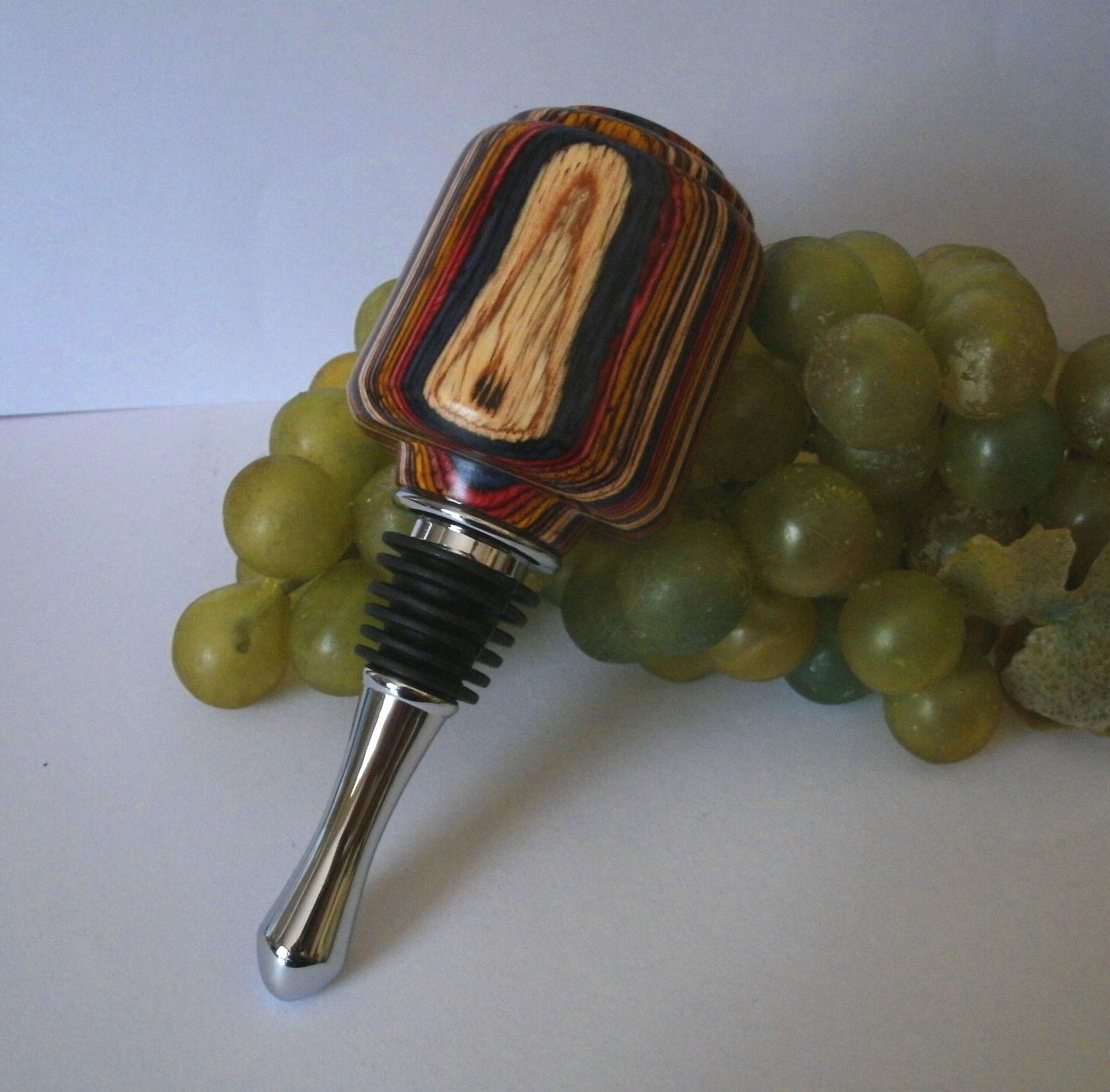 Hand Turned Wine Bottle Stopper with a Colorful Laminated Wood