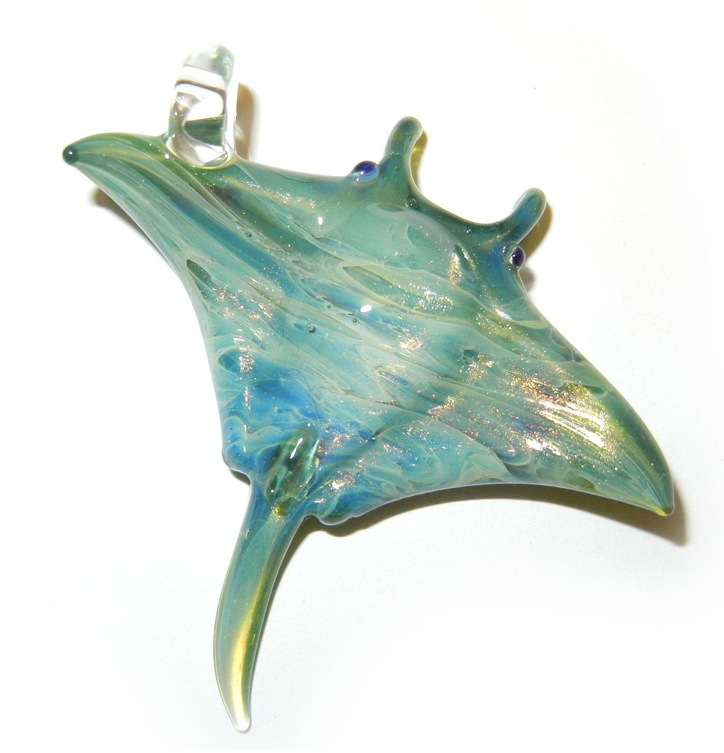 Lampwork Boro Glass Pendant - Focal Bead - MANTA RAY seafoam green sparkle
