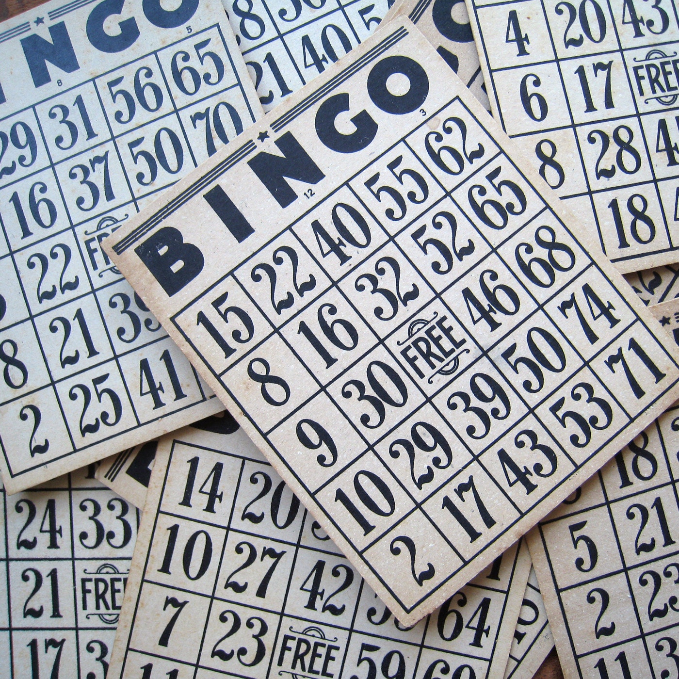 Vintage Bingo Cards - Black Text on Kraft (Brown) Card - Set of 5 - Collage, Ephemera