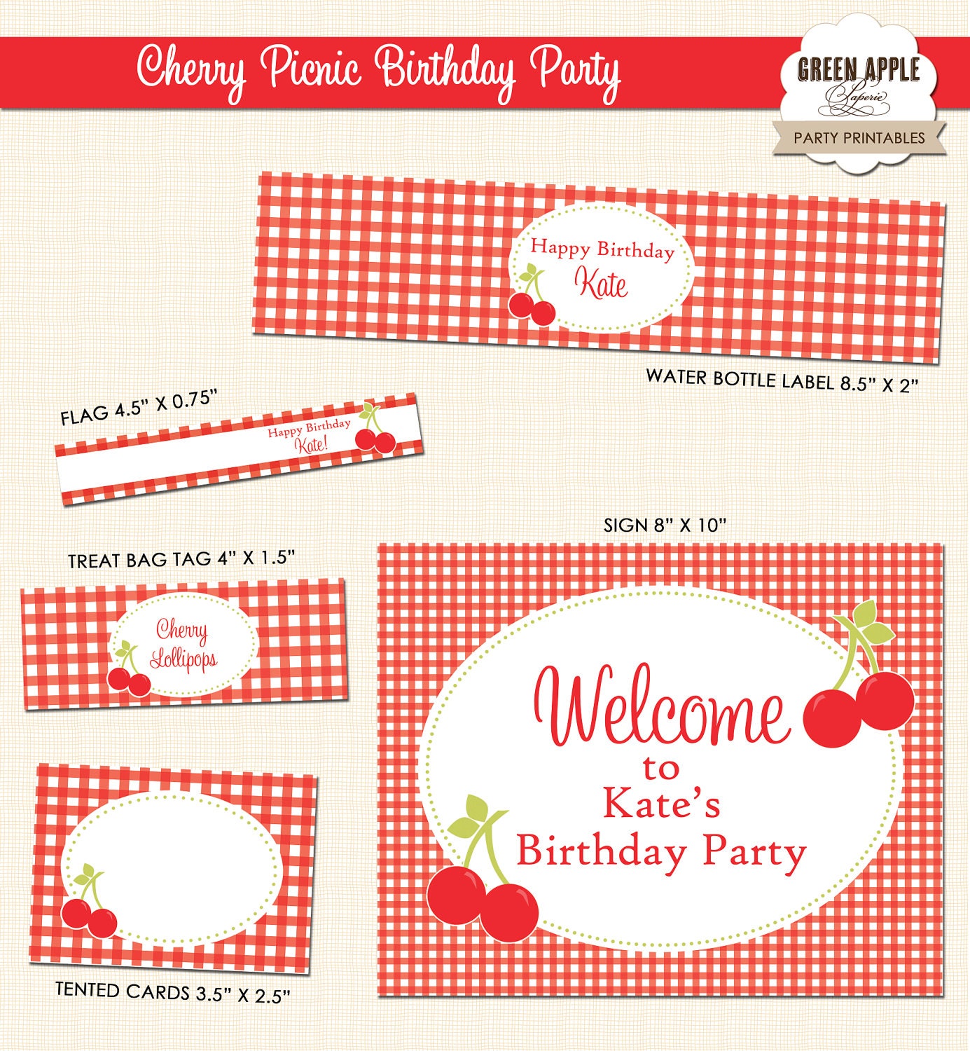 Cherry Picnic Birthday Party - PRINTABLE ONLY - Banner, Toppers, Tags, Invitation and more
