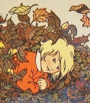 RESERVED - Autumn Leaves - Playing in the Leaves - 4 Cards Reincarnated from Vintage Children's Illustrations