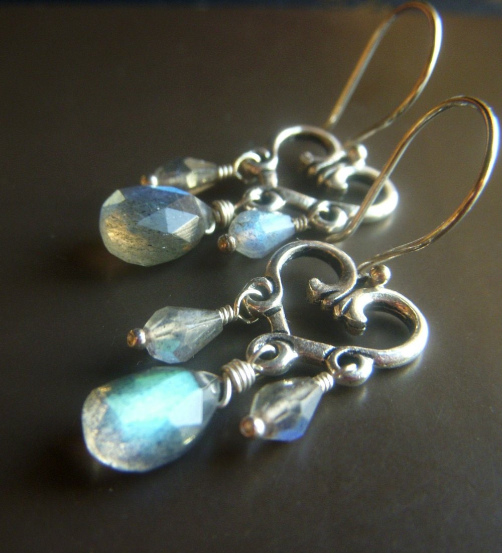 Labradorite Chandelier Earrings on Sterling Silver . Flashy Blue Briolette Bohemian Style . Mystic Fog