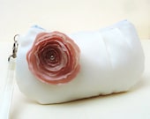 Bridal Clutch Purse Pleated Wristlet  Ivory Cream Matte Satin with Pink Flower Brooch