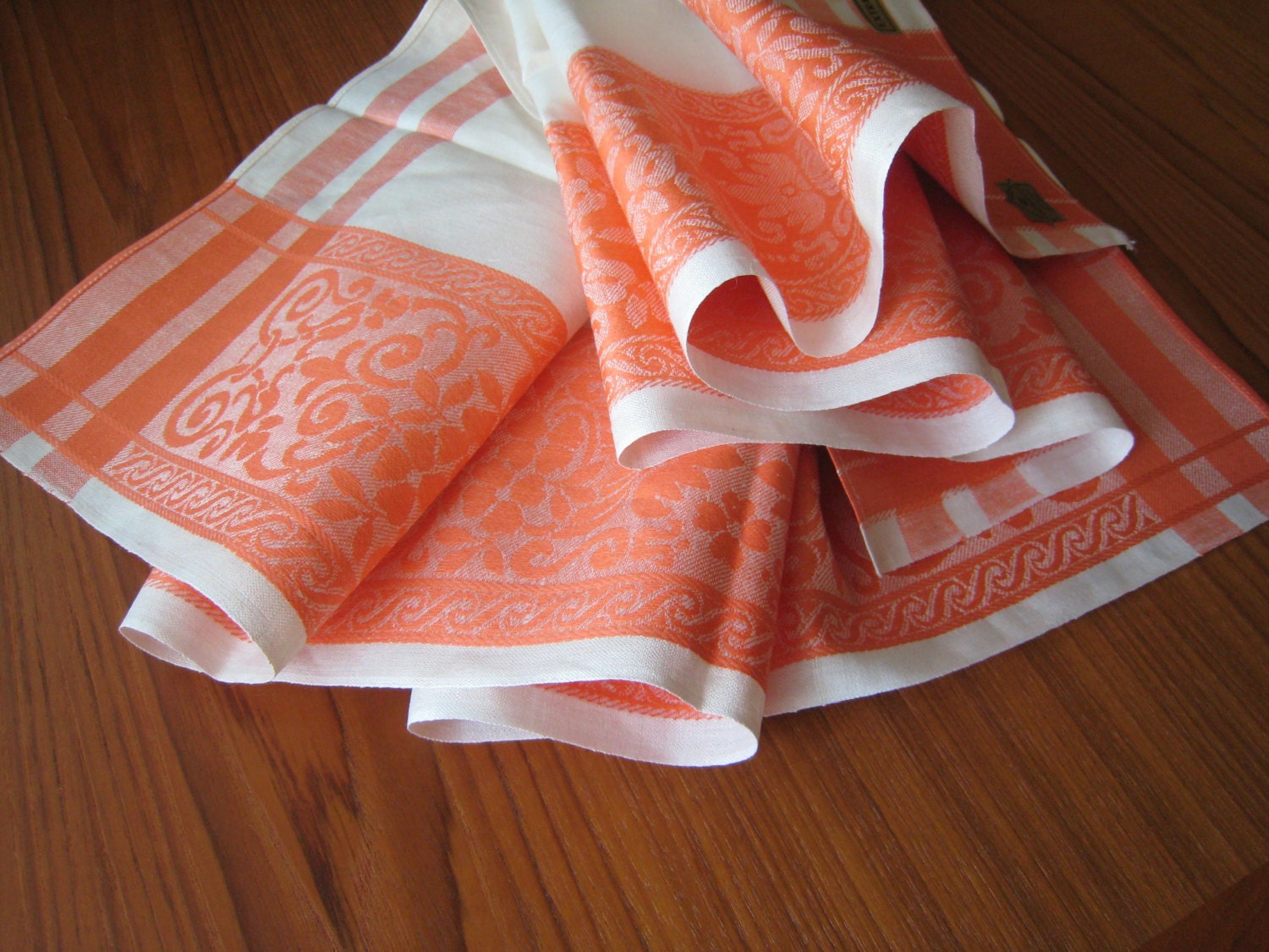Vintage Linen Towel Circa 1960 Mid Century Tangerine Orange Damask on Summer White Linen